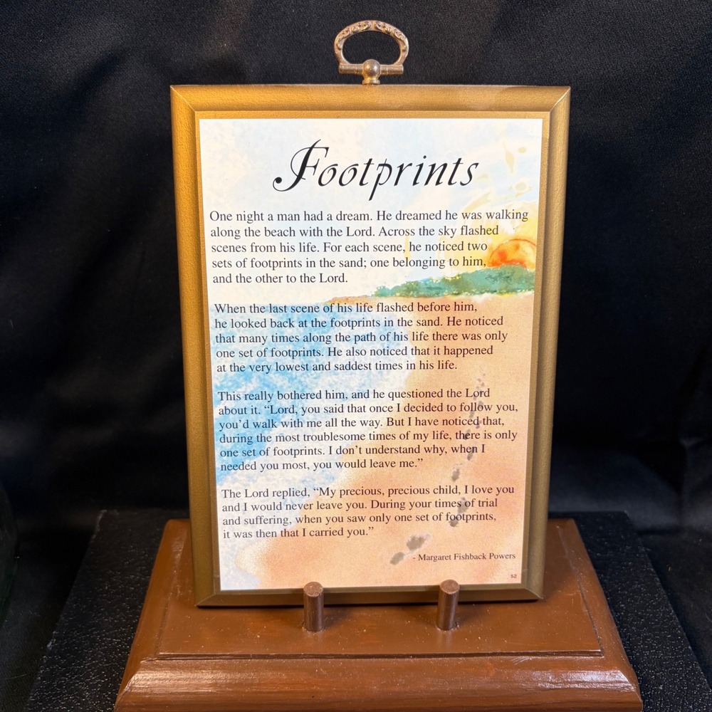 Footprints in the Sand Poem Plaque Margaret Fishback Powers Gold Frame Vintage